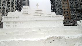 Giant Snow-sculpted Aircraft Carrier