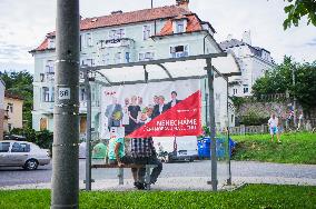 Czech communists (KSCM) poster for regional elections on a bus stop in Vranov nad Dyji