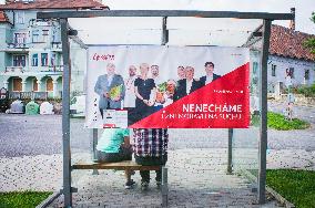 Czech communists (KSCM) poster for regional elections on a bus stop in Vranov nad Dyji