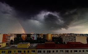 storm, lightning, rainbow, block of flats