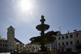 Karvina - Frystat, square T. G. Masaryka, fountain, sunny weather