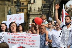 Crowds in Prague, express solidarity with Belarusian protest, people, rally