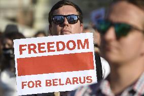 Crowds in Prague, express solidarity with Belarusian protest, people, rally, banners