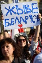 Crowds in Prague, express solidarity with Belarusian protest, people, rally, banners