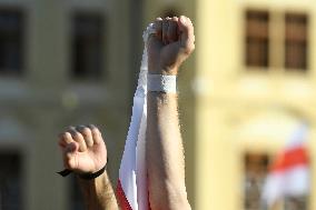 Crowds in Prague, express solidarity with Belarusian protest, people, rally, banners