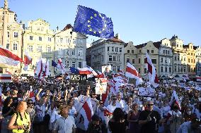 Crowds in Prague, express solidarity with Belarusian protest, people, rally, banners, flag EU