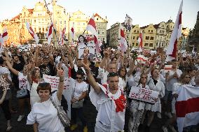 Crowds in Prague, express solidarity with Belarusian protest, people, rally, banners