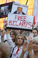 Crowds in Prague, express solidarity with Belarusian protest, people, rally, banners