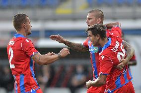 Soccer players of Viktoria Plzen celebrate a goal