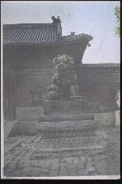 Statue of a lion in temple grounds
