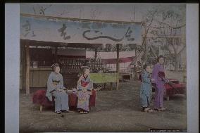 A teahouse and women seeing cherry blossoms