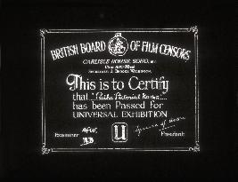 A rather scratched frame from the censor's certificate of an