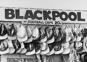 Football caps on sale at Blackpool - 1970