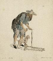 Chinese peasant pushing wooden tool, possibly for farming