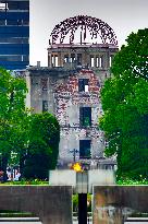 Peace flame and Genbaku Domu, Atomic Bomb Dome, Hiroshima