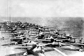 Japanese Zero aircraft on the deck of the Akagi