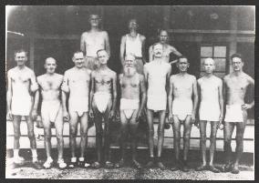 Emaciated prisoners of war after liberation, 1945
