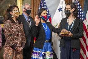 US Vice President Kamala Harris participates in ceremonial swearing in of Debra Haaland as Secretary of the Interior