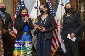 US Vice President Kamala Harris participates in ceremonial swearing in of Debra Haaland as Secretary of the Interior