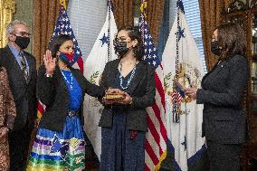 US Vice President Kamala Harris participates in ceremonial swearing in of Debra Haaland as Secretary of the Interior