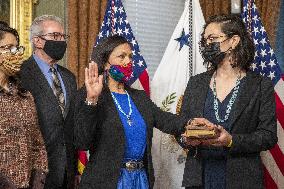 US Vice President Kamala Harris participates in ceremonial swearing in of Debra Haaland as Secretary of the Interior