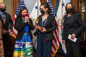 US Vice President Kamala Harris participates in ceremonial swearing in of Debra Haaland as Secretary of the Interior