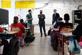 Emmanuel Macron Visits A Primary School - Melun