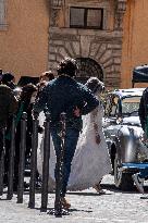 Lady Gaga Wearing A Wedding Dress On The Set Of The House Gucci - Rome