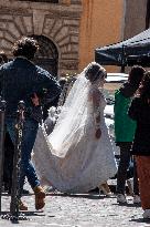 Lady Gaga Wearing A Wedding Dress On The Set Of The House Gucci - Rome