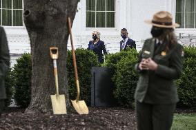 First lady Jill Biden participates in an Arbor Day tree planting ceremony
