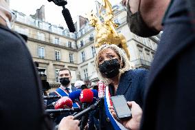 Marine Le Pen Lays Flowers To A Statue Of Joan of Arc - Paris