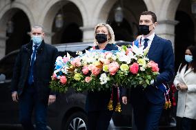 Marine Le Pen Lays Flowers To A Statue Of Joan of Arc - Paris