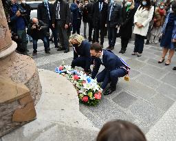 Marine Le Pen Lays Flowers To A Statue Of Joan of Arc - Paris