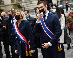 Marine Le Pen Lays Flowers To A Statue Of Joan of Arc - Paris