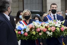Marine Le Pen Lays Flowers To A Statue Of Joan of Arc - Paris