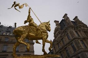 Marine Le Pen Lays Flowers To A Statue Of Joan of Arc - Paris