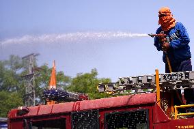 Workers Spray Disinfectant On The Road In Ajmer - India