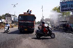 Workers Spray Disinfectant On The Road In Ajmer - India