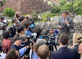 President Macron During A Visit In Saint-Cirq-Lapopie