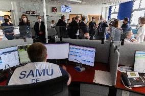 Olivier Veran Visits The Regulation Room Of The SAMU At Necker
