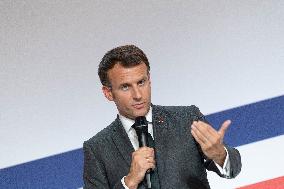 Emmanuel Macron attends the launching of the French CSIS