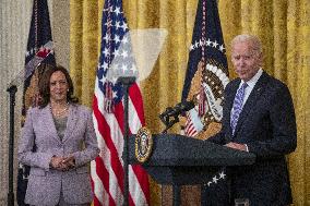 US President Joe Biden participates in a bill signing ceremony for the Crime Victims Fund Act of 2021