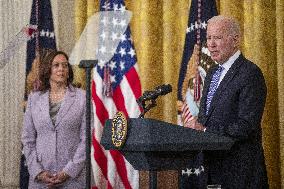 US President Joe Biden participates in a bill signing ceremony for the Crime Victims Fund Act of 2021