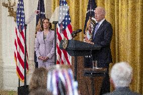 US President Joe Biden participates in a bill signing ceremony for the Crime Victims Fund Act of 2021