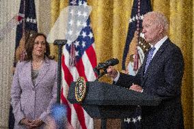 US President Joe Biden participates in a bill signing ceremony for the Crime Victims Fund Act of 2021