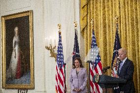 US President Joe Biden participates in a bill signing ceremony for the Crime Victims Fund Act of 2021