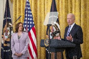 US President Joe Biden participates in a bill signing ceremony for the Crime Victims Fund Act of 2021