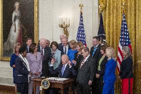 US President Joe Biden participates in a bill signing ceremony for the Crime Victims Fund Act of 2021