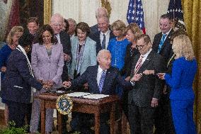 US President Joe Biden participates in a bill signing ceremony for the Crime Victims Fund Act of 2021