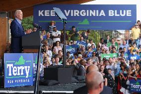 President Joe Biden participates in a campaign event for Virginia gubernatorial candidate Terry McAuliffe